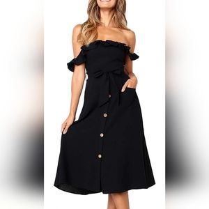 BOOSOULY Womens Ruffle Off The Shoulder High Waist Button Down Casual Midi Dress